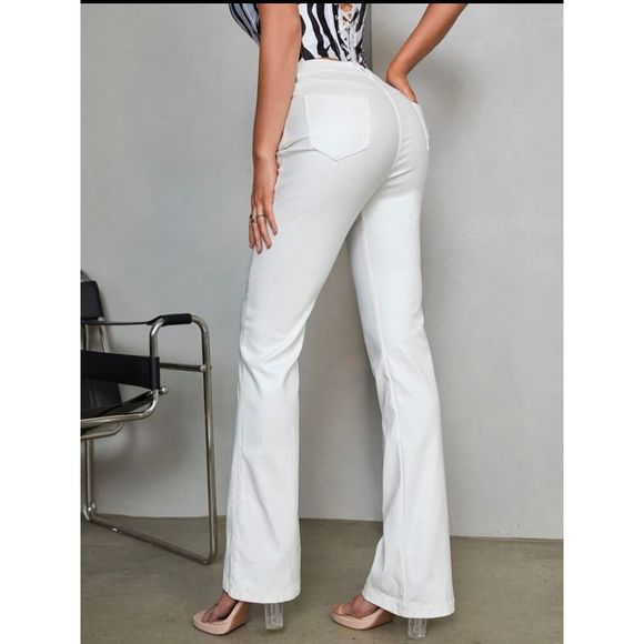 APPERLOTHA XL White Leather Like High Stretch Pants Flare Jeans - Picture 1 of 8